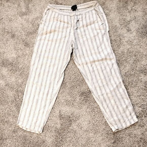 Taharai Grey And Ivory Striped Linen Culotte Wide Leg  High Rise Pants Sz L - Picture 1 of 7